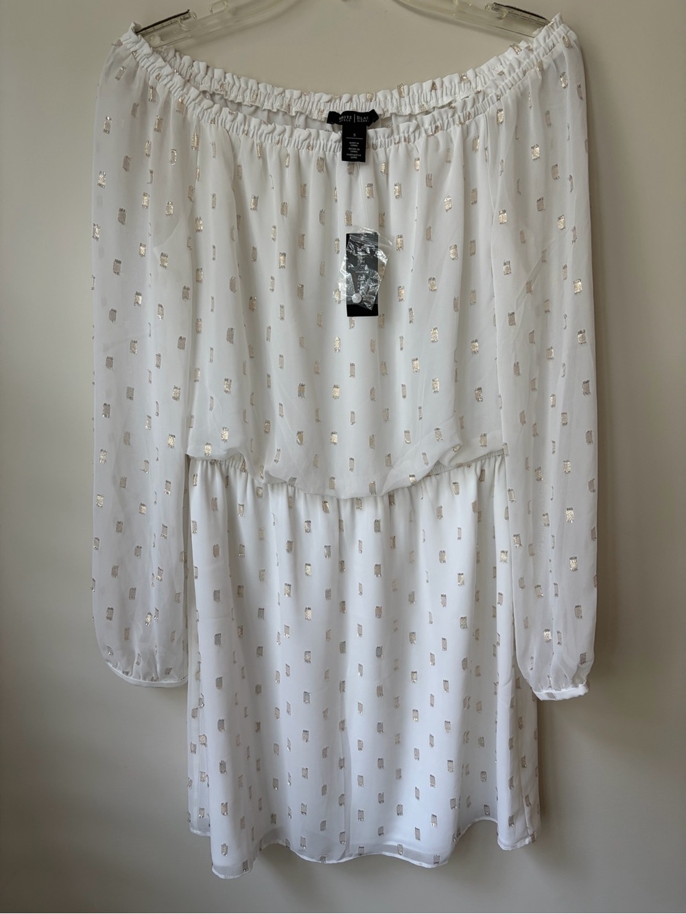 NWTWhite House Black Market Dress Womens S white Jacquard Off Shoulder Boho Mini